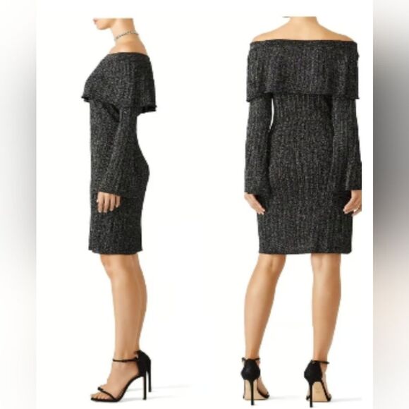 Keepsake The Label Metallic Knit bell sleeve off the shoulder Sheath Dress sz S - Picture 2 of 13